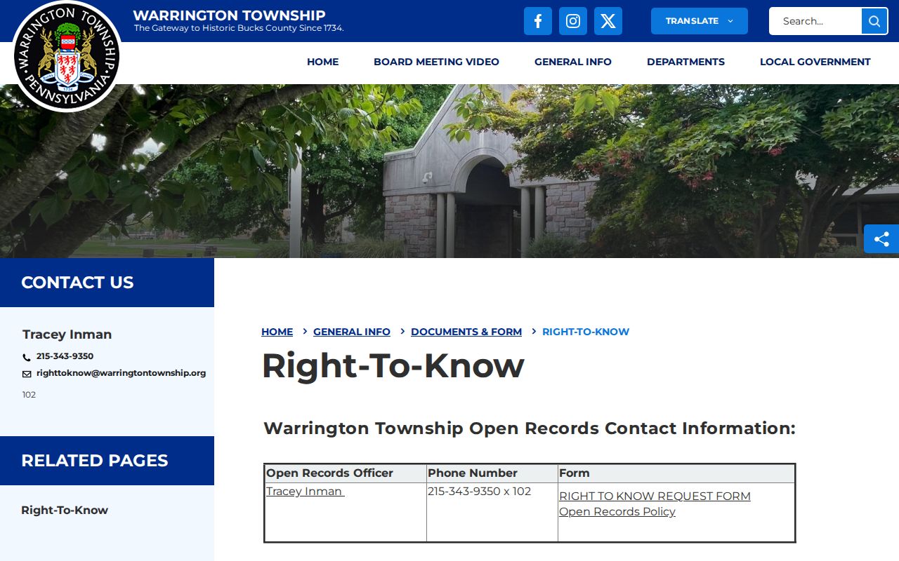 Warrington Township residents directory Township Right-to-Know request page