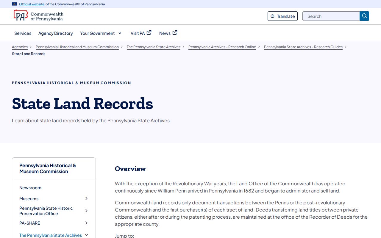Warrington Township previous residents land-record research at Pennsylvania State Archives