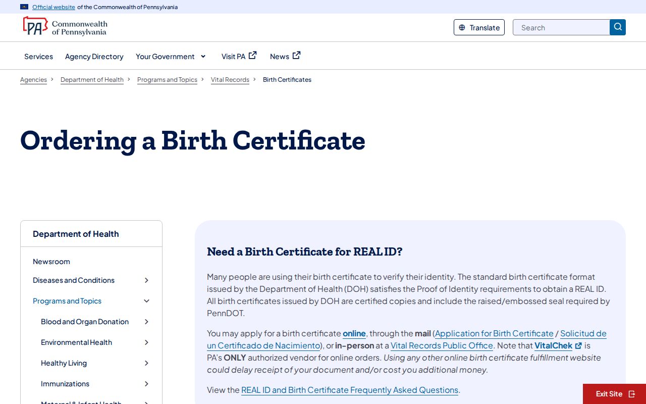 Warrington Township resident lookup birth certificate access through Pennsylvania Vital Records