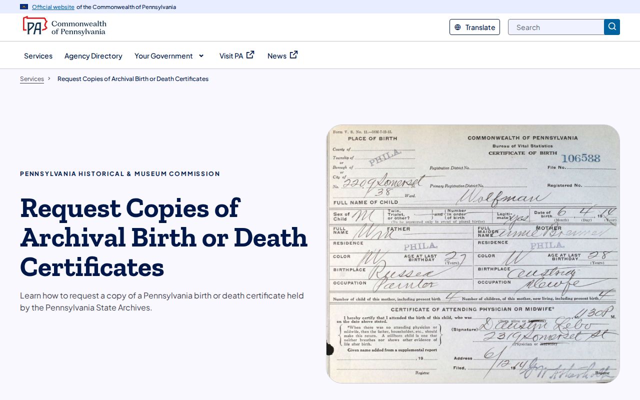 Warrington Township resident lookup historical Pennsylvania birth and death certificate request