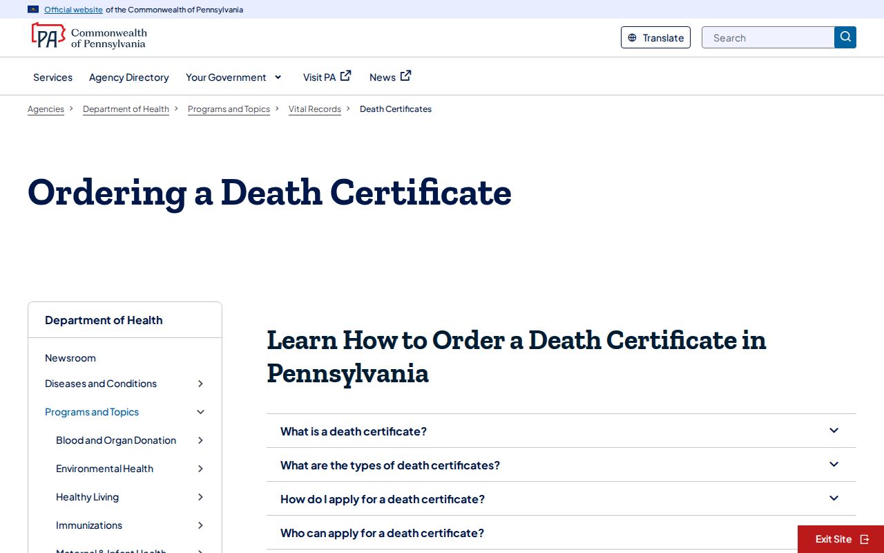 Warrington Township resident lookup Pennsylvania death certificate access
