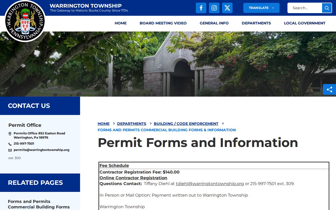 Warrington Township street directory building forms and permits information